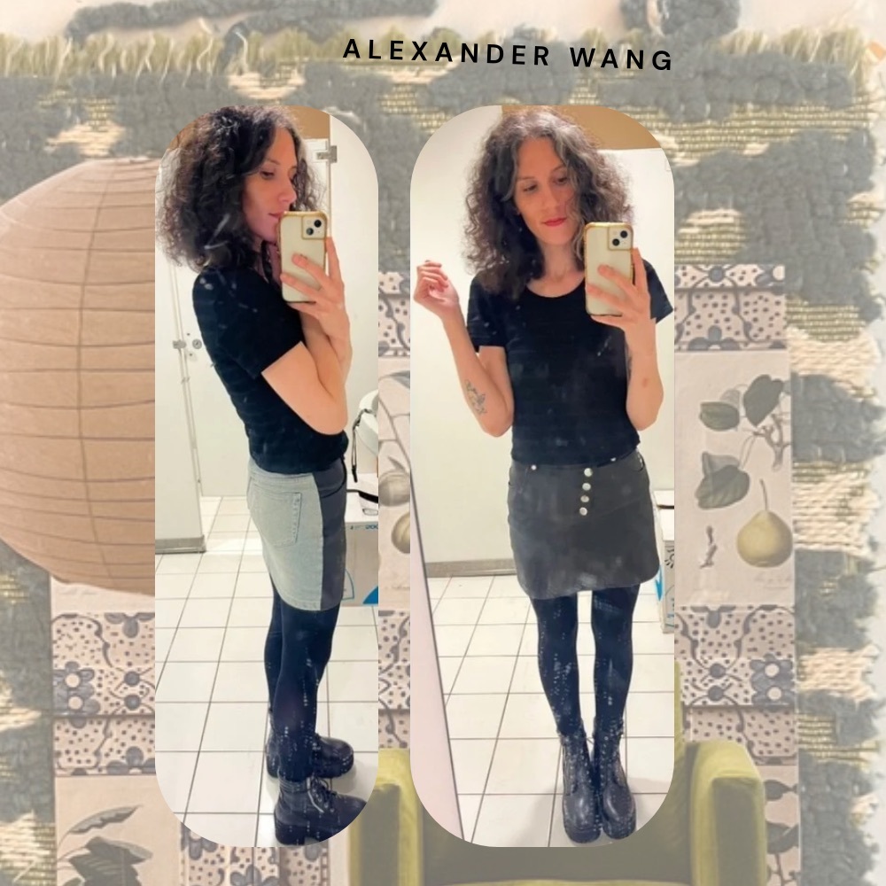 Alexander Wang • hybrid contrast black leather & denim mini skirt silver buttons